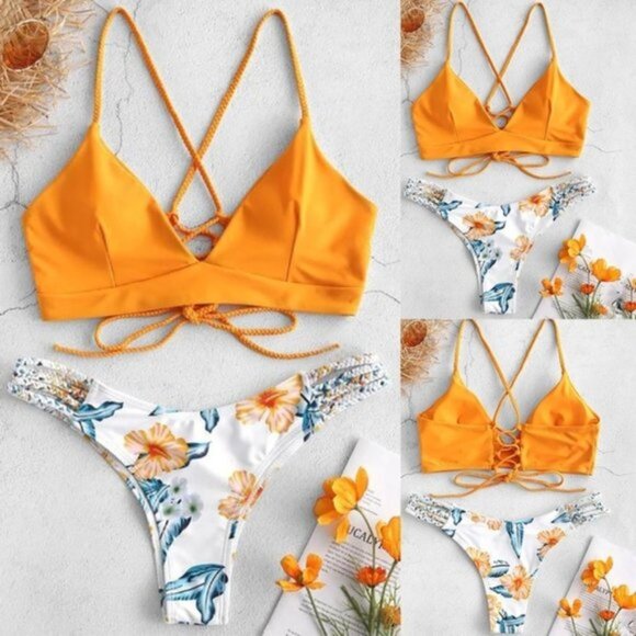 Boutique | Rope Side High Cut Floral Print Bikini Bottoms | Size Large - Picture 1 of 9